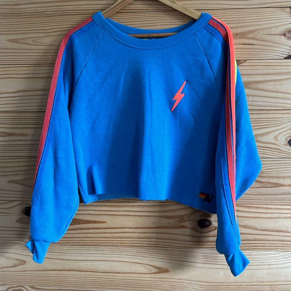 Aviator Nation💕 5 STRIPE Sweatshirt cropped - Ocean/Neon- RARE - Size L - NWT - Picture 6 of 7